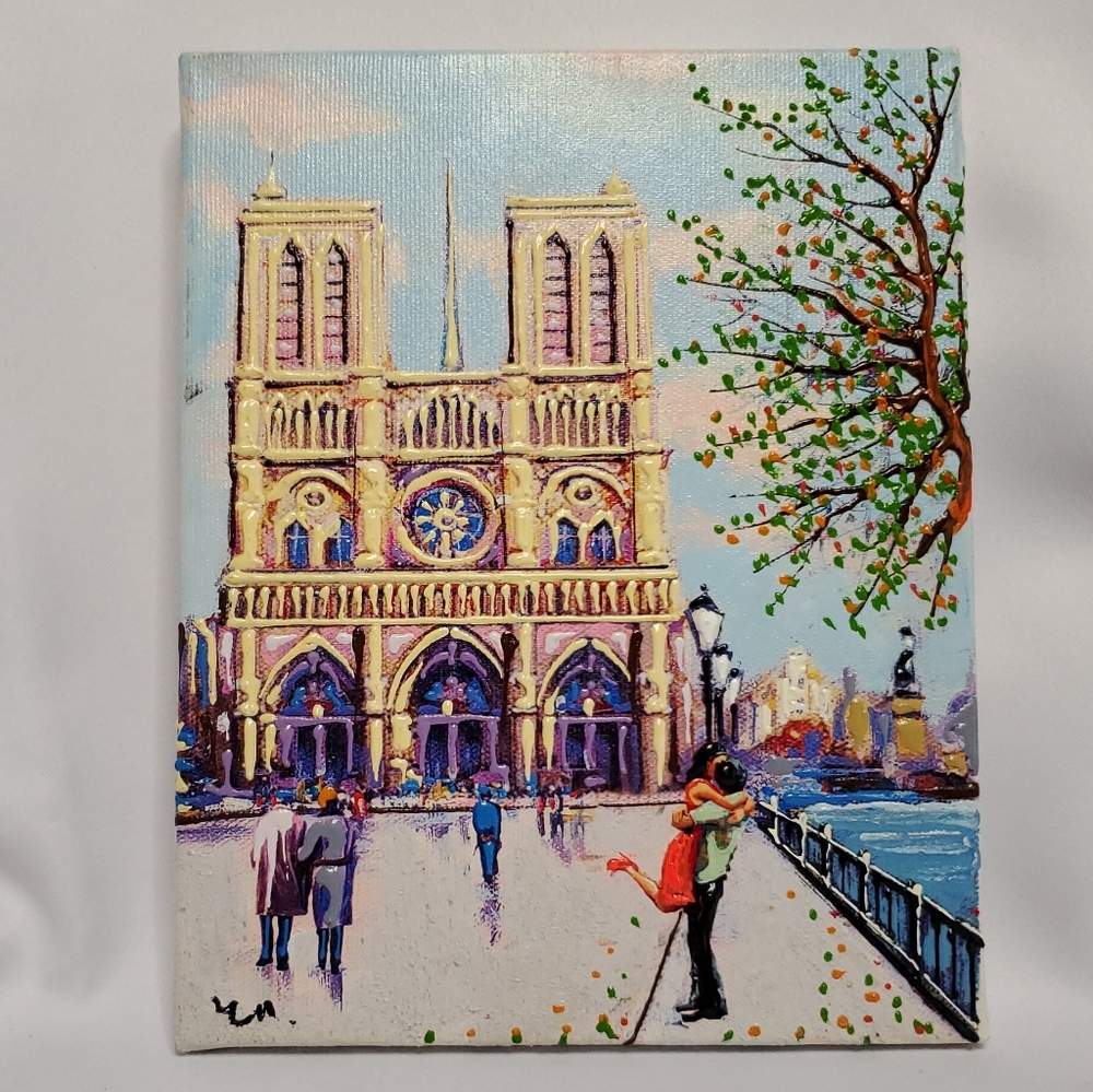 3 Paris Oil Paintings Eiffel Tower Notre-Dame Cathedral Place du Tertre 7.5x9.5 - Picture 3 of 11